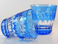 Pair Ajka Dof Rocks Whiskey Glasses, Lt. Blue Cased Cut To Clear Crystal, New