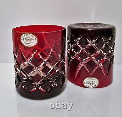 Pair Ajka Lismore Ruby Red Genuine Cased Cut To Clear Whiskey Glasses, New