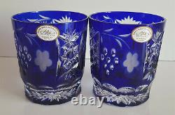 Pair Ajka Marsala Cobalt Blue Cased Cut To Clear Crystal Whiskey Glasses