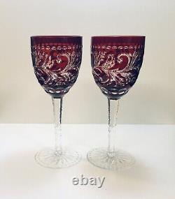 Pair Ajka Monika Ruby Red Cut To Clear Crystal Wine Glasses RARE