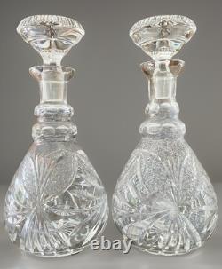 Pair Antique ABP Cut Glass Decanters Heavy Crystal Hobstar Fan