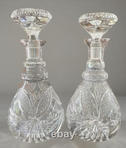 Pair Antique ABP Cut Glass Decanters Heavy Crystal Hobstar Fan