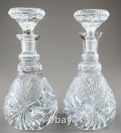 Pair Antique ABP Cut Glass Decanters Heavy Crystal Hobstar Fan