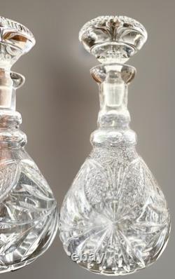 Pair Antique ABP Cut Glass Decanters Heavy Crystal Hobstar Fan