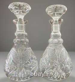 Pair Antique ABP Cut Glass Decanters Heavy Crystal Hobstar Fan