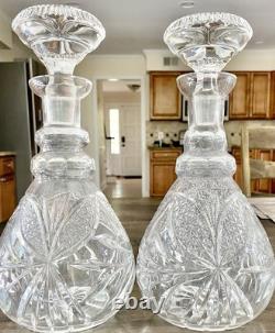 Pair Antique ABP Cut Glass Decanters Heavy Crystal Hobstar Fan