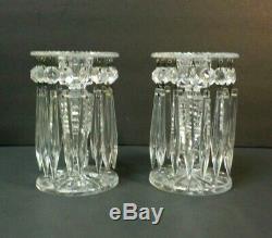 Pair Antique Cut Crystal 5.5 Mantle Lusters, Candlesticks with Prisms