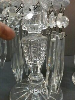 Pair Antique Cut Crystal 5.5 Mantle Lusters, Candlesticks with Prisms