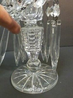 Pair Antique Cut Crystal 5.5 Mantle Lusters, Candlesticks with Prisms