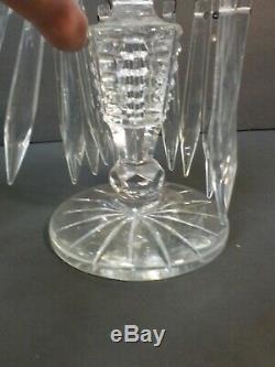 Pair Antique Cut Crystal 5.5 Mantle Lusters, Candlesticks with Prisms