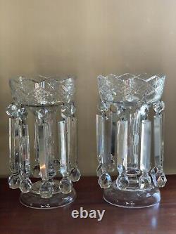 Pair Antique Cut Crystal Mantle Lusters Luster Lamp Candleholders Victorian