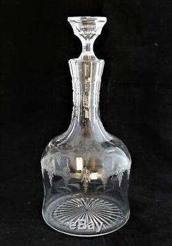 Pair Antique Cut Crystal Needle Etched Glass Decanters Set