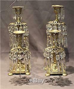 Pair Antique French Gilt Bronze Patina Candelabra with Cut Crystal Glass Prisms