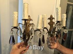 Pair Antique French Style Brass Cut Glass Lavender Crystal Wall Sconces