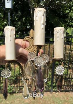 Pair Antique French Style Brass Cut Glass Lavender Crystal Wall Sconces