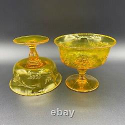 Pair Antique French Uranium Cut Amber Crystal Glass Pedestal Compote Dish c. 1910