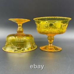 Pair Antique French Uranium Cut Amber Crystal Glass Pedestal Compote Dish c. 1910