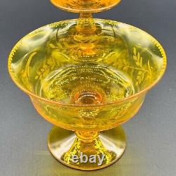 Pair Antique French Uranium Cut Amber Crystal Glass Pedestal Compote Dish c. 1910