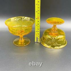 Pair Antique French Uranium Cut Amber Crystal Glass Pedestal Compote Dish c. 1910