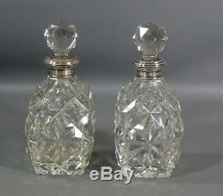 Pair Antique Victorian Cut Glass Crystal Perfume Bottle Sterling Silver Neck Box
