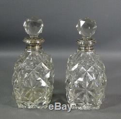 Pair Antique Victorian Cut Glass Crystal Perfume Bottle Sterling Silver Neck Box
