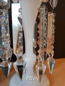 Pair Antique Victorian Uranium & Milk Glass Lustres With Large Crystal Cut Drops
