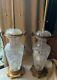 Pair Antique Vintage Marbro Heavy Cut Glass Crystal Urn Brass Table Lamps Mask