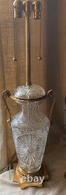 Pair Antique Vintage Marbro Heavy Cut Glass Crystal Urn Brass Table Lamps Mask