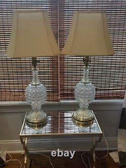 Pair Beautiful Vintage Crystal Diamond Octagon Clear Cut Glass Table Lamps