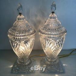 Pair Crystal Lamps Clear Heavy Cut Glass Vanity Table Boudoir Night Lights 19 in