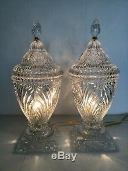 Pair Crystal Lamps Clear Heavy Cut Glass Vanity Table Boudoir Night Lights 19 in
