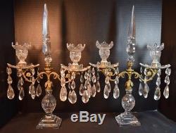 Pair English Cut Crystal Glass and Bronze Two Arm Candelabra