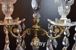 Pair English Cut Crystal Glass and Bronze Two Arm Candelabra