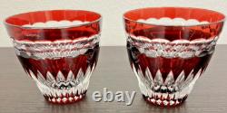 Pair Faberge Na Zdorovye Ruby Cut to Clear Cased Crystal DOF Rocks Whisky Glass
