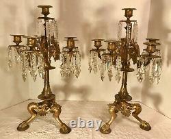 Pair French Napoleon III Empire Gilt Candelabra with Cut Glass Prisms c1850-1870