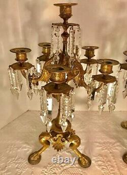 Pair French Napoleon III Empire Gilt Candelabra with Cut Glass Prisms c1850-1870