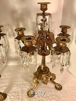 Pair French Napoleon III Empire Gilt Candelabra with Cut Glass Prisms c1850-1870