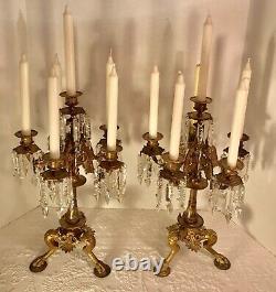 Pair French Napoleon III Empire Gilt Candelabra with Cut Glass Prisms c1850-1870