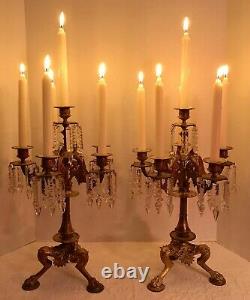 Pair French Napoleon III Empire Gilt Candelabra with Cut Glass Prisms c1850-1870