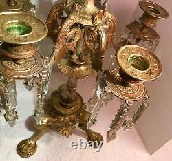 Pair French Napoleon III Empire Gilt Candelabra with Cut Glass Prisms c1850-1870