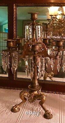 Pair French Napoleon III Empire Gilt Candelabra with Cut Glass Prisms c1850-1870