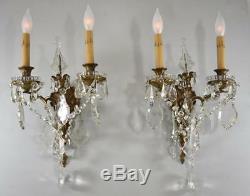 Pair French Style Brass And Cut Glass Crystal Two Socket Wall Sconces Circa 1910