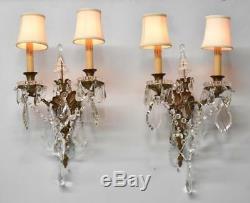 Pair French Style Brass And Cut Glass Crystal Two Socket Wall Sconces Circa 1910