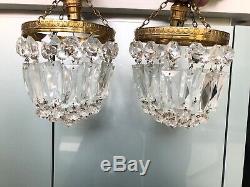 Pair Half Bag Cut Glass Crystal Drop Chandelier Gilt Frame Antique