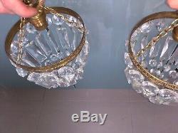 Pair Half Bag Cut Glass Crystal Drop Chandelier Gilt Frame Antique