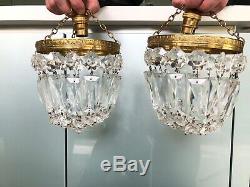 Pair Half Bag Cut Glass Crystal Drop Chandelier Gilt Frame Antique