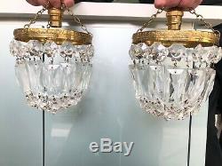 Pair Half Bag Cut Glass Crystal Drop Chandelier Gilt Frame Antique