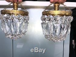 Pair Half Bag Cut Glass Crystal Drop Chandelier Gilt Frame Antique