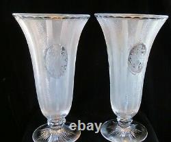 Pair Hawke's American Brilliant Period Cut Crystal 8 Cameo Vases Signed