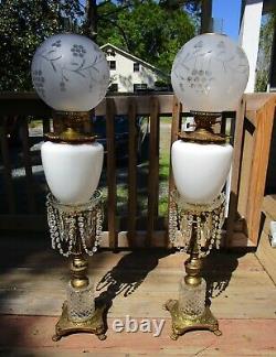 Pair Large Vintage Antique Cut Glass Brass Prism 45h Parlor Banquet Oil Lamp